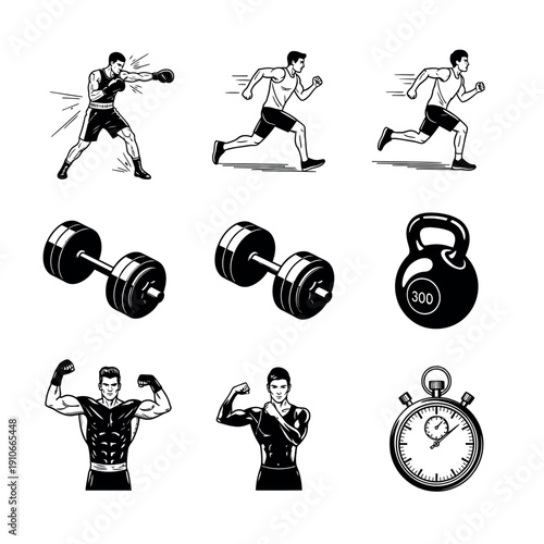 Black and white graphic illustrations of fitness icons including a boxer, runner, dumbbells, kettlebell, bodybuilder, and stopwatch on a plain white background.