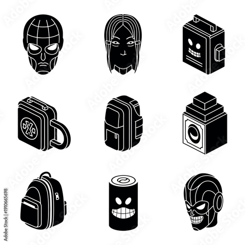 Collection of nine black and white line icons featuring various objects including a camera, backpack, and masks on a plain white background.