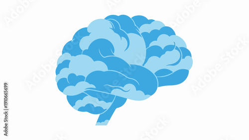 Blue brain cloud illustration on white background, abstract human brain made of sky clouds. Brain cloud concept for mental health, creativity, or thinking processes.