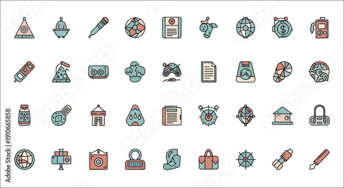 Collection of colorful line icons representing various objects and concepts
