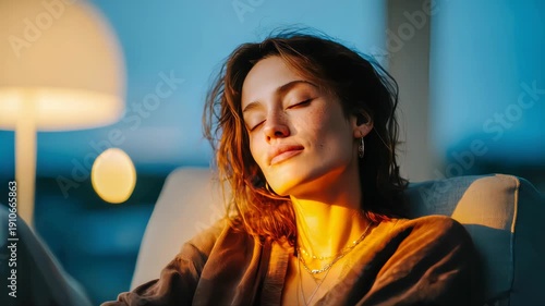 Woman resting in an armchair with eyes closed under warm lamp light, peaceful relaxation and mindfulness at home