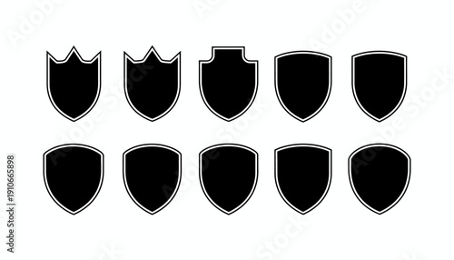 Collection of black shield icons with various designs and outlines.