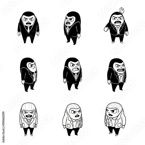 A set of nine cartoon-style illustrations of businessmen with various facial expressions and body language on a white background.