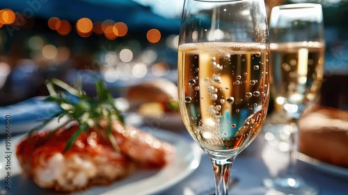 Close-up of white wine glass on table during business dinner meeting in modern restaurant with bokeh lights