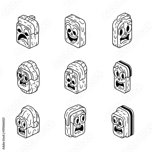 Nine cartoon bread slices with various facial expressions on a white background in a digital illustration.