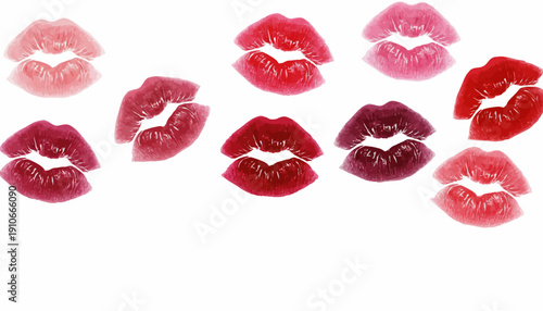 Assorted Lipstick Kiss Marks on White Background.