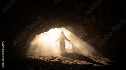 silhouette of jesus christ standing at tomb entrance with bright light. easter resurrection concept. christian holiday background. religious banner, website header.