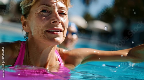 Elderly woman enjoying water aerobics class in outdoor pool with splashing water and shallow depth of field