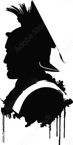 Ancient Roman Warrior Silhouette Illustration Featuring Gladiator or Centurion Profile with Helmet and Armor, Black Ink Splash Style Historical Vector Design