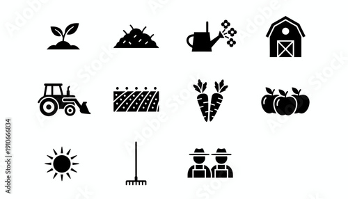 Collection of black icons representing farming and agriculture.