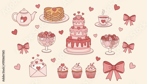 Valentine's Day desserts and romantic elements illustration.