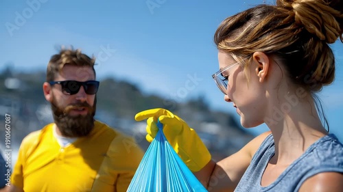 Eco volunteers collecting plastic trash during a community beach cleanup to protect the environment and ocean
