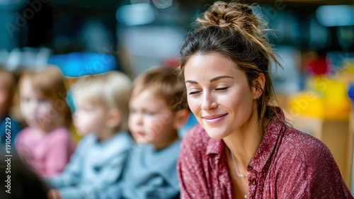 Warm preschool teacher watching children raise hands during an interactive classroom lesson