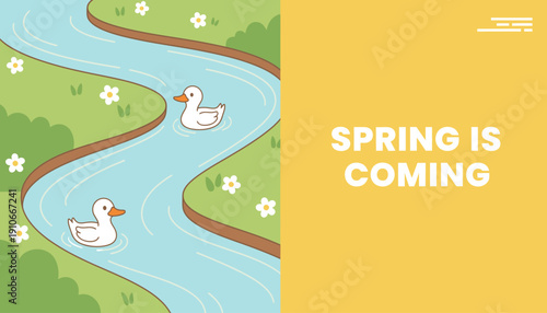 Spring Season Arrival with Ducks and Flowers by the River.