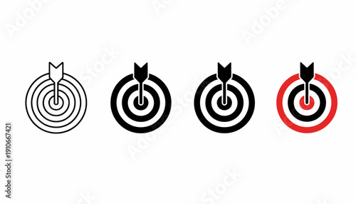 Set of four different target icons with darts hitting the center.