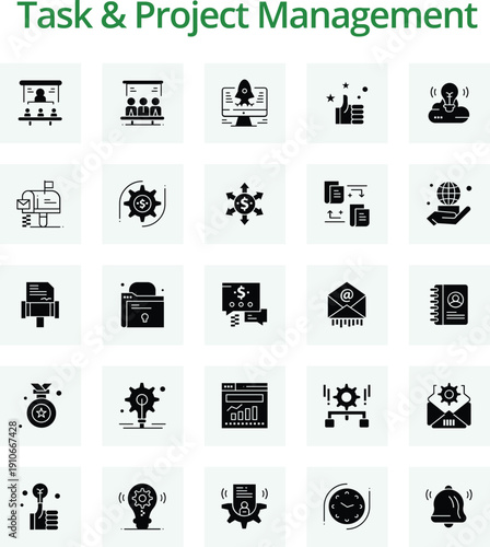 Task and Project Management Symbol Set – 25 Black Solid Graphics for Strategic Planning, Workflow Optimization, and Business Productivity