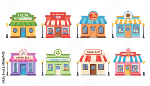 Colorful cartoon shop fronts with various business signs.