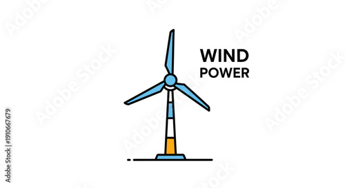 A colorful illustration of a wind turbine generating clean energy, with the words 'WIND POWER' written next to it.