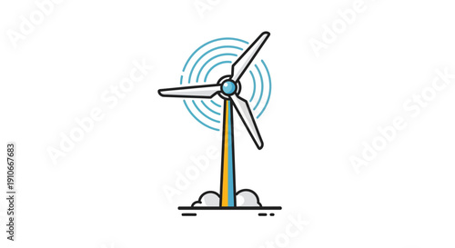 A colorful illustration of a wind turbine with blue swirling lines behind it, symbolizing renewable energy and sustainability on a white background.