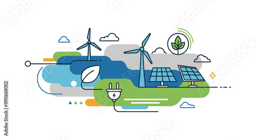 Eco-friendly energy concept with wind turbines, solar panels, and green technology elements on a stylized landscape.