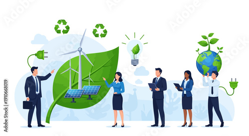 Business professionals promoting eco-friendly sustainable energy solutions with renewable power sources and green technology.