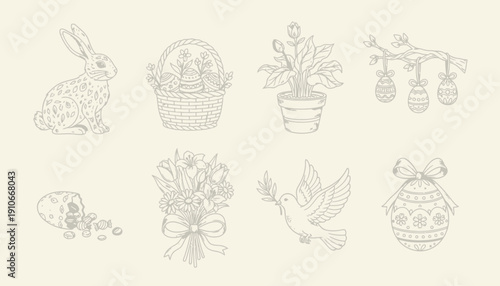 Easter-themed illustrations featuring a bunny, eggs, and flowers.