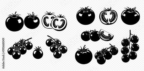 Set of black and white tomato illustrations, including whole, sliced, and cherry varieties, perfect for culinary designs.