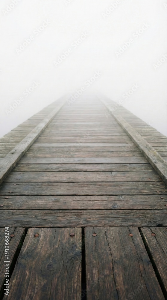 Fototapeta premium Empty wooden dock planks facing a misty lake. Atmospheric background for outdoor product presentation.