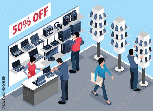 Professional Isometric Illustration of an Electronics Store – 50% Off Sale on Laptops, Smartphones, and Tech Gadgets with Customers and Staff