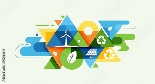 Vibrant eco-friendly symbols and shapes representing renewable energy, sustainability, and environmental conservation in a colorful abstract design.