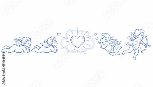 Four cherubs surrounding a heart in a minimalist line drawing.