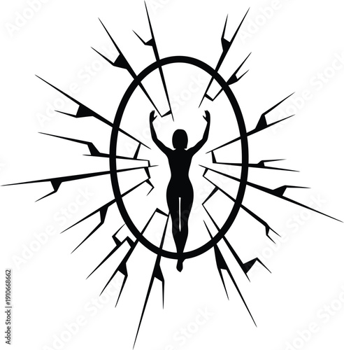 A stark black silhouette of a broken mirror, with a single, distorted reflection visible within the cracks