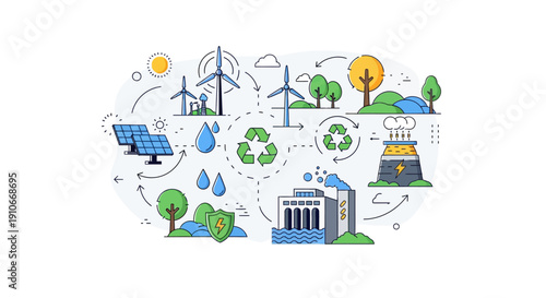 Eco-friendly energy cycle with solar panels, wind turbines, hydroelectric dam, and nuclear power for sustainable living and environmental conservation.