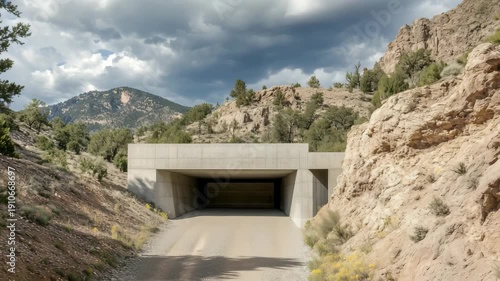 A tunnel designed for wildlife crossing provides a safe path under the road in a mountainous area surrounded by rocks and trees