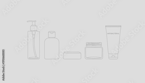 Line art illustration of various cosmetic containers and bottles.