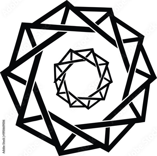 A black silhouette of a geometric spiral, with a strong emphasis on the negative space within the shape