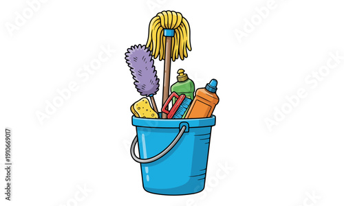 Blue Bucket Filled with Mop, Duster, Brushes, and Cleaning Products