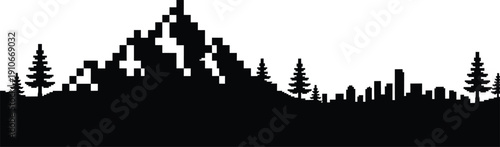 A black silhouette of a simplified landscape – perhaps a mountain range or a field – with a few isolated, pixelated squares representing the terrain