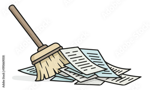 Broom Sweeping Paperwork Pile Illustration on White Background