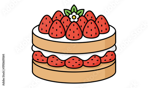 Layered Strawberry Cake Illustration with Cream Filling and Fruit Topping