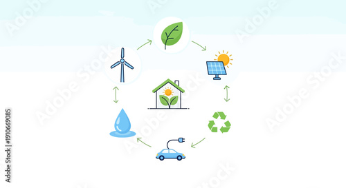 Eco-friendly energy cycle with wind turbine, solar panel, house, car, water, and recycling icons.