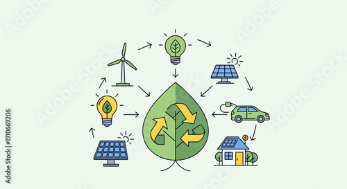 Eco-friendly energy cycle with solar panels, wind turbine, and electric car for sustainable living and green technology.
