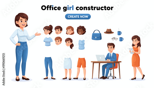 Office girl character constructor with various clothing and hairstyle options.