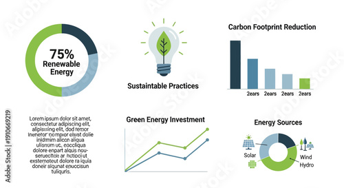 Infographic showcasing sustainable practices with 75% renewable energy, carbon footprint reduction, green energy investment, and various eco-friendly energy sources.