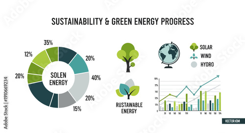 Sustainability and green energy progress concept with pie chart, tree icons, and graph showing renewable energy growth trends.