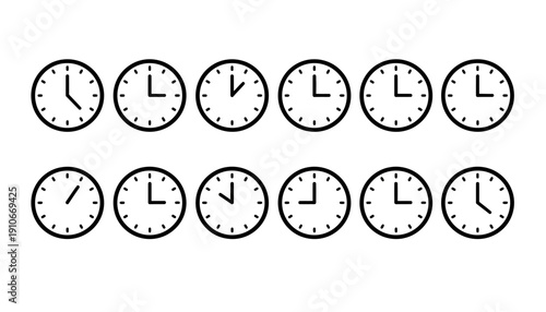 Set of simple black and white analog clocks showing different times.