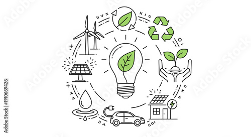 Eco-friendly icons for sustainable living, including renewable energy sources, recycling, and green technology, promoting a environmentally conscious lifestyle and reducing carbon footprint.