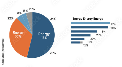 Pie chart and bar graph illustrating energy distribution and percentages on a white background for business and educational purposes.