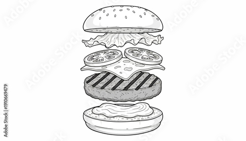 Detailed illustration of a deconstructed burger with layers.