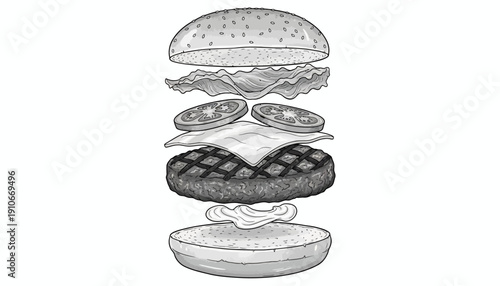 Detailed illustration of a deconstructed burger with ingredients.